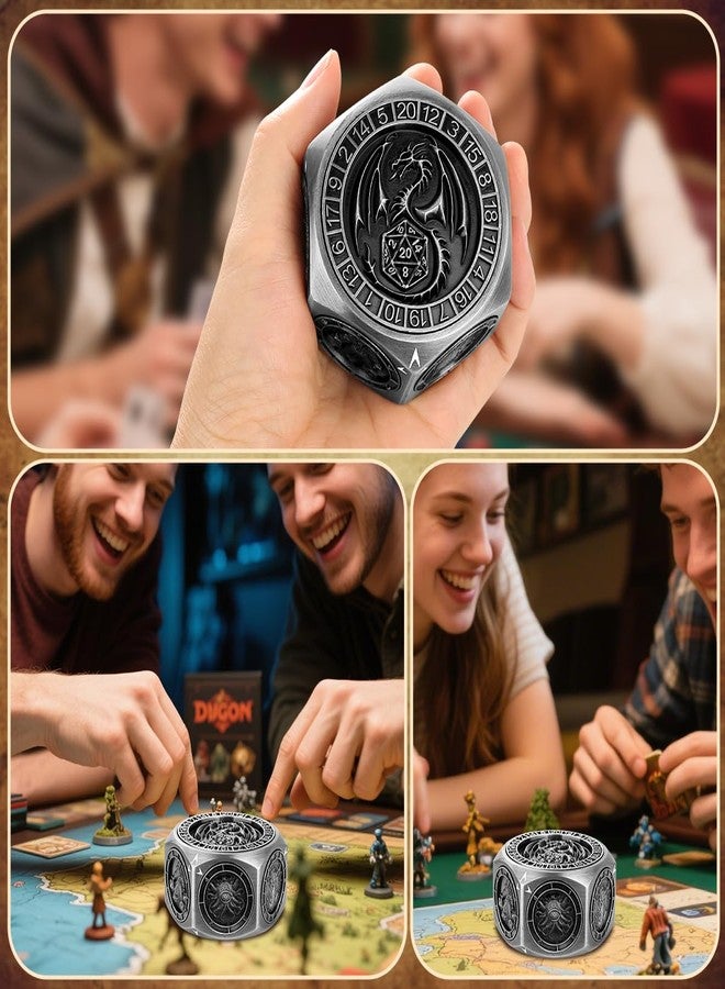 DND DADO DND Spinner Dice, 3D Hexagon Relief, 8-in-1 Metal Dice Set, D&D Polyhedral Rotating Game Dice, DND Gifts with Dragon Logo Gift Box, Role Play Board Game Accessories, Dark Silver - Image 4